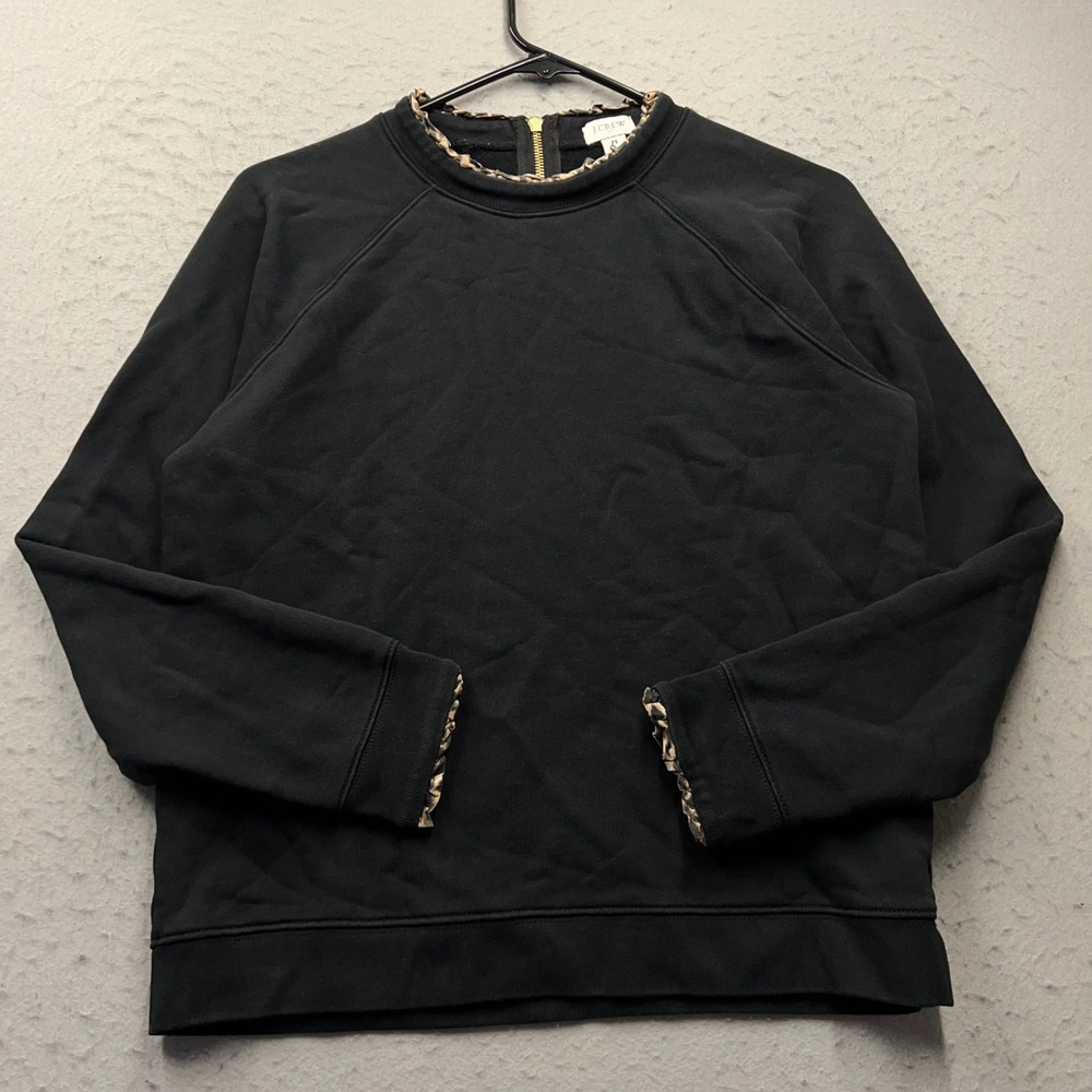 J.Crew Womens Black Leopard Ruffle Trim Sweatshirt Back Zip Cotton Pullover M